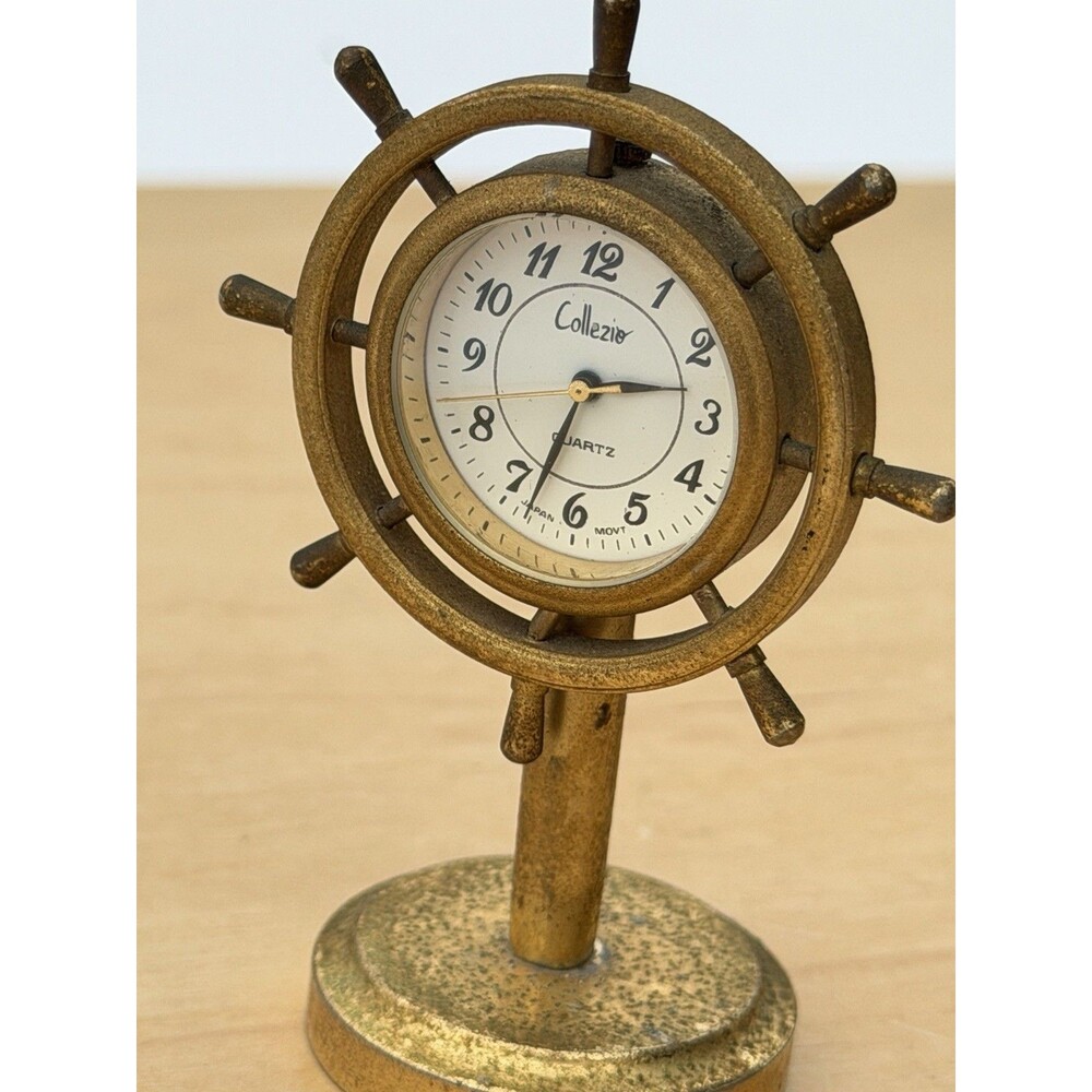 Vintage Brass Nautical Ships Wheel Desk Clock ￼Good Condition